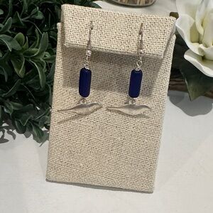 Silver and blue blue glass beaded pierced earrings with silver bird charms